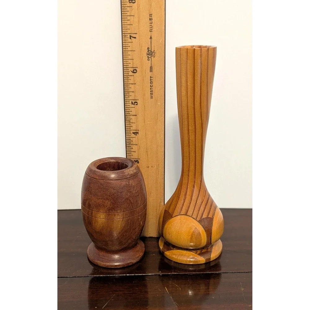 Vintage Hand Turned Wood Bud Vases MCM Inlaid Geometric Small Wood Vase 2pc